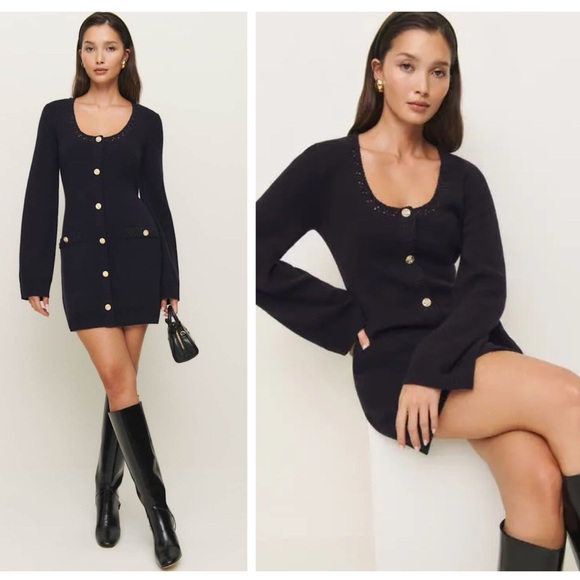 Reformation Priscilla Regenerative Wool Mini Sweater Dress Crochet Navy Large - Picture 3 of 16
